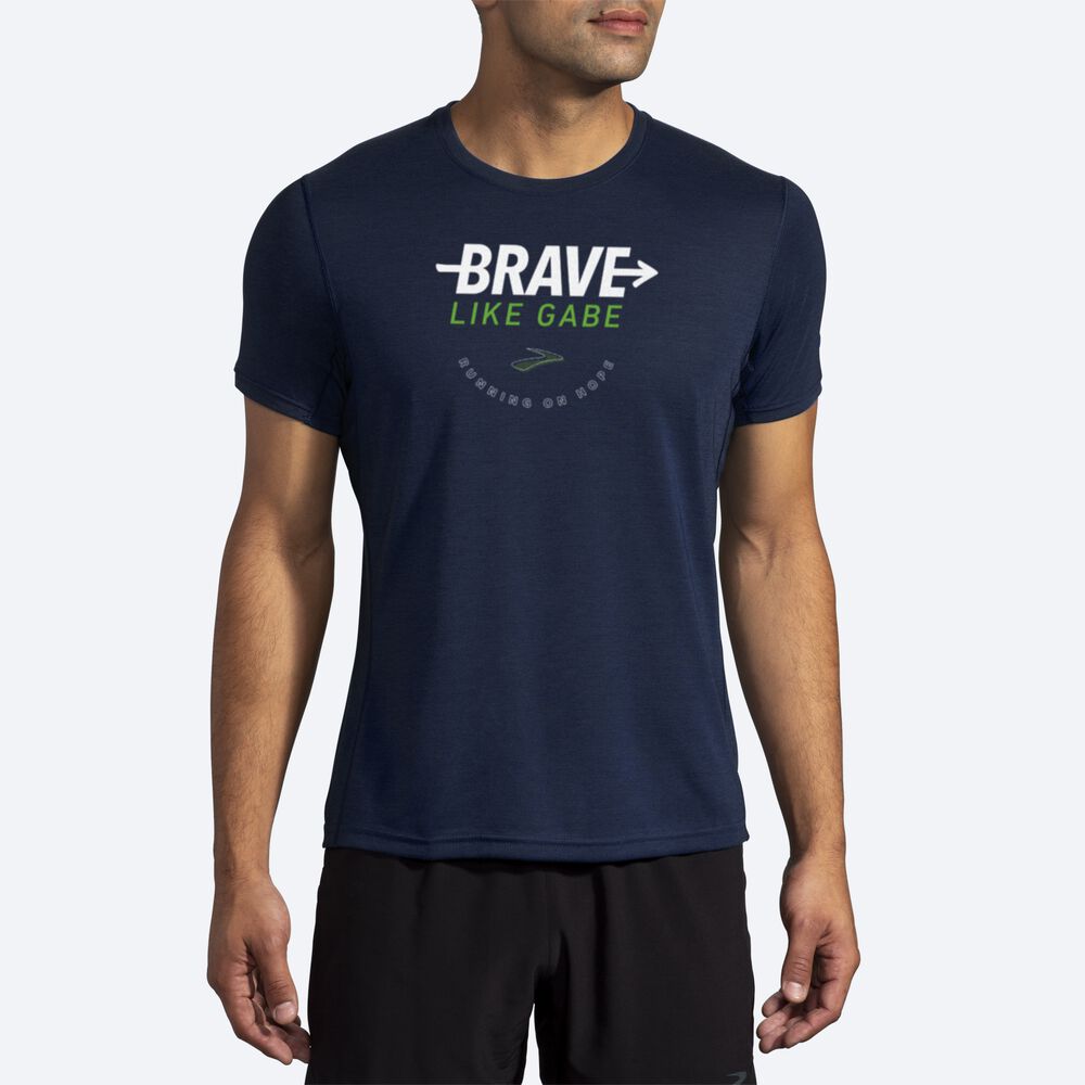 Brooks BLG Distance Grafične Short Sleeve Moški Majice Temno Modre | Slovenija-36982