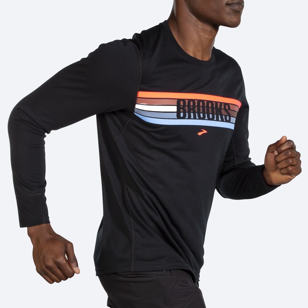 Brooks Distance Grafične Long Sleeve Moški Majice Črne | Slovenija-63928