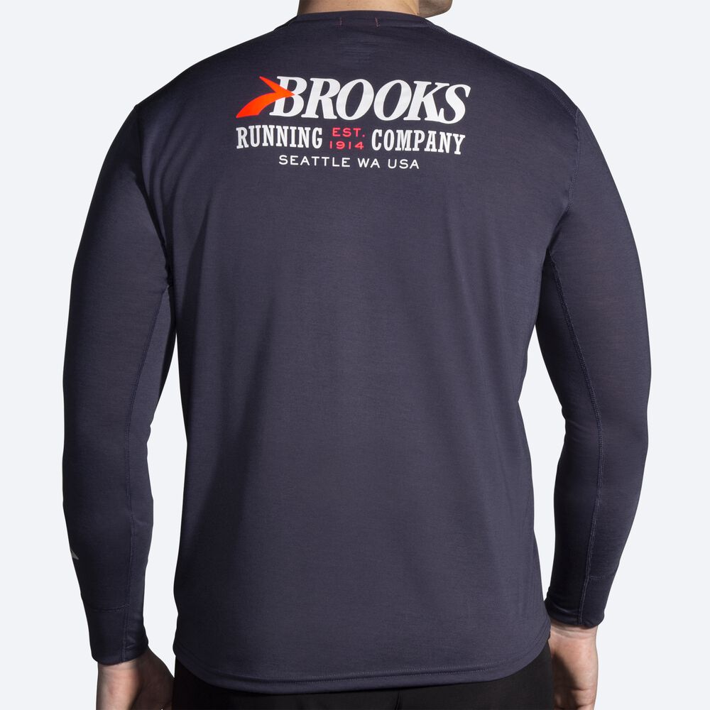 Brooks Distance Grafične Long Sleeve Moški Majice Temno Modre | Slovenija-78641