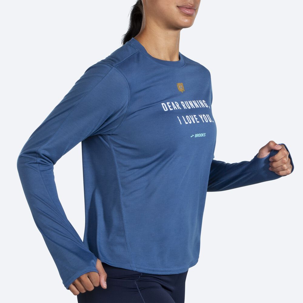 Brooks Distance Grafične Long Sleeve Ženske Majice Modre Sive | Slovenija-08672