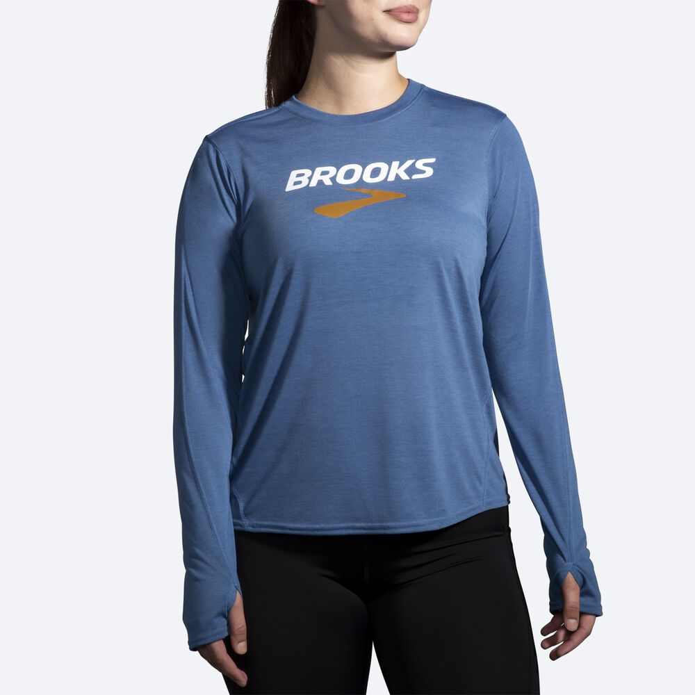 Brooks Distance Grafične Long Sleeve Ženske Majice Modre Sive | Slovenija-40139