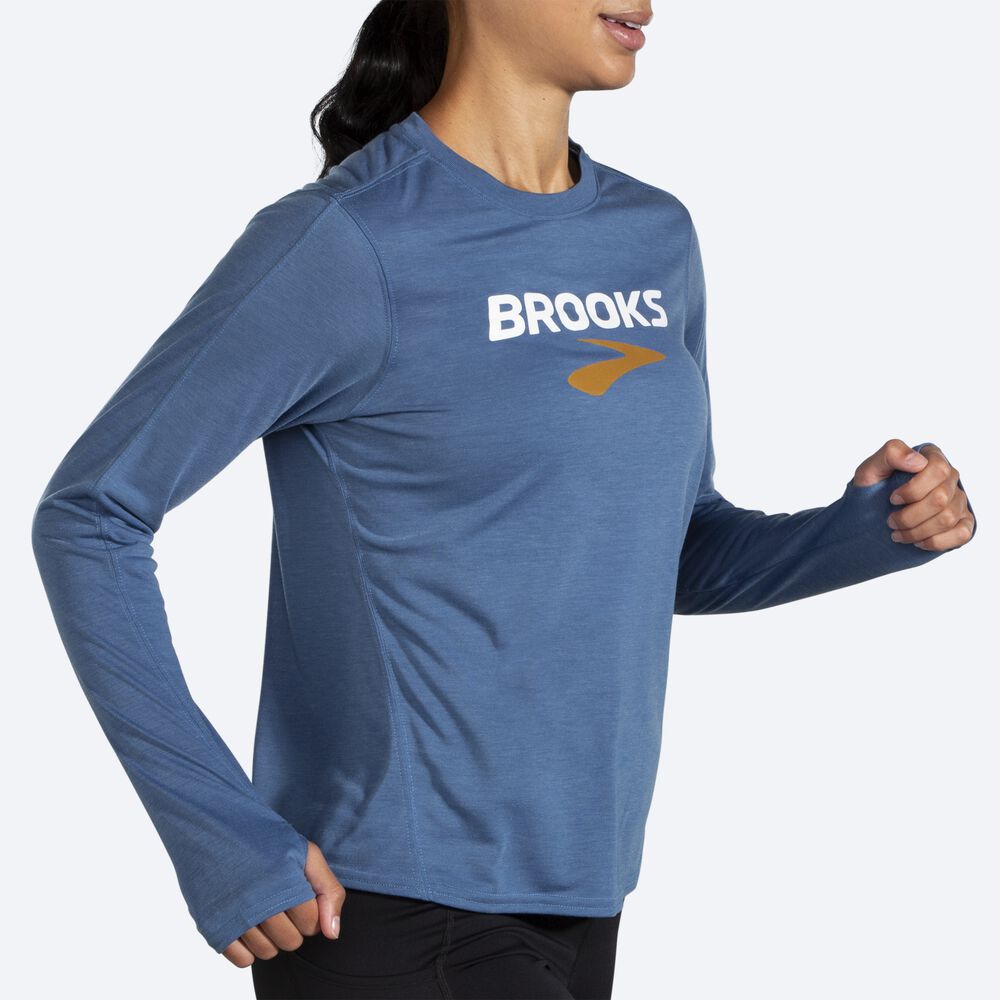 Brooks Distance Grafične Long Sleeve Ženske Majice Modre Sive | Slovenija-40139