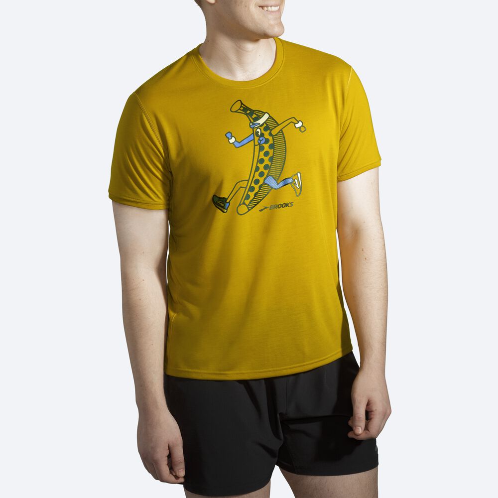 Brooks Distance Grafične Short Sleeve Moški Majice Zlate | Slovenija-20185