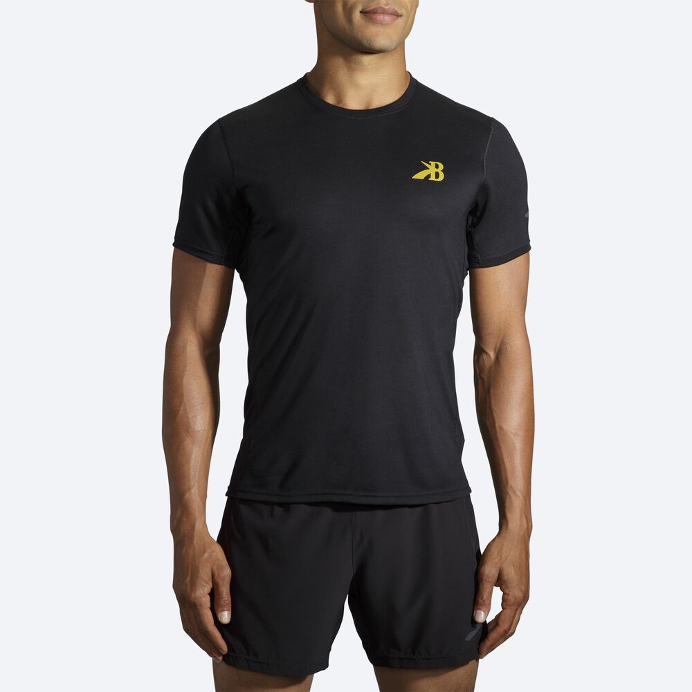 Brooks Distance Grafične Short Sleeve Moški Majice Črne Zlate | Slovenija-39018