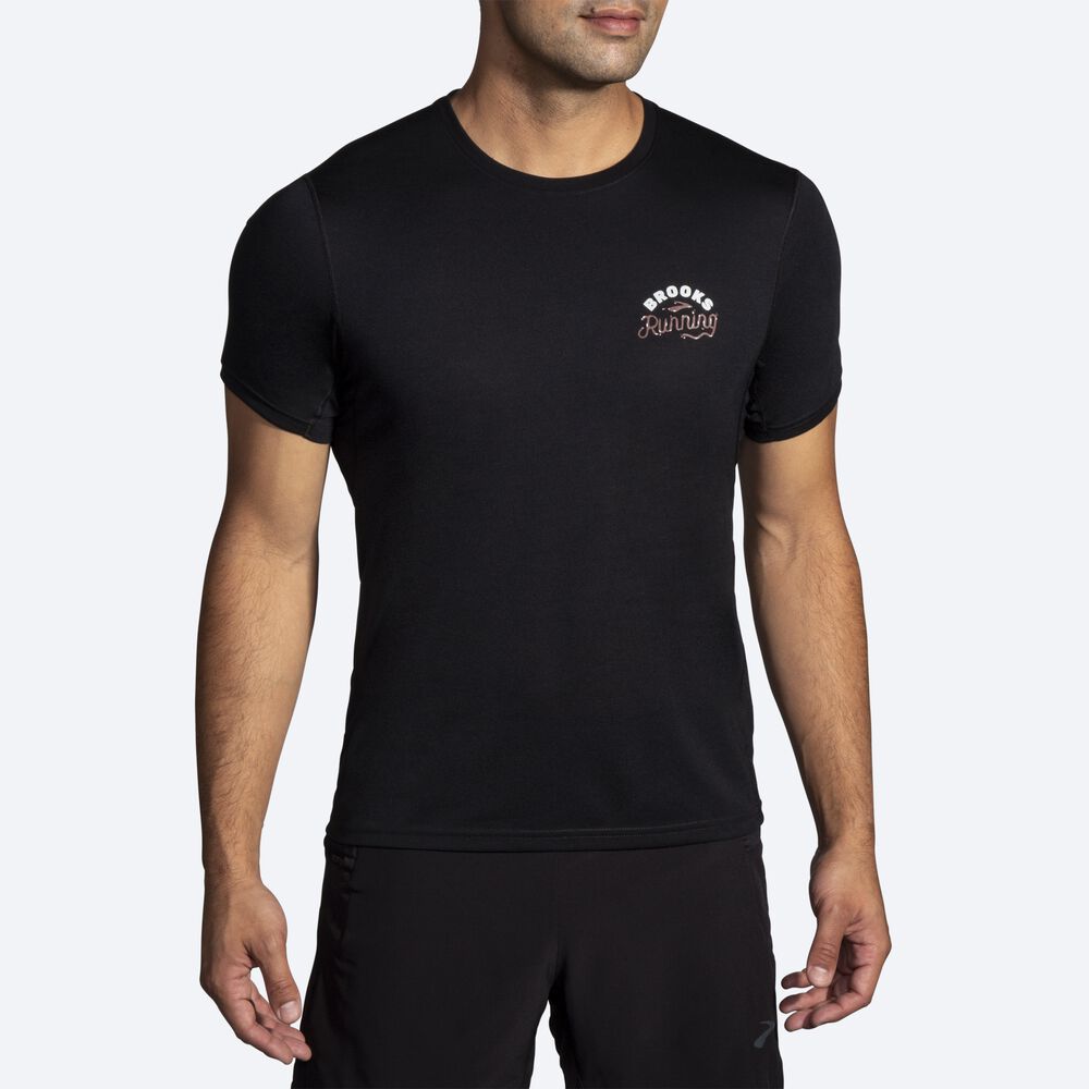 Brooks Distance Grafične Short Sleeve Moški Majice Črne | Slovenija-53874