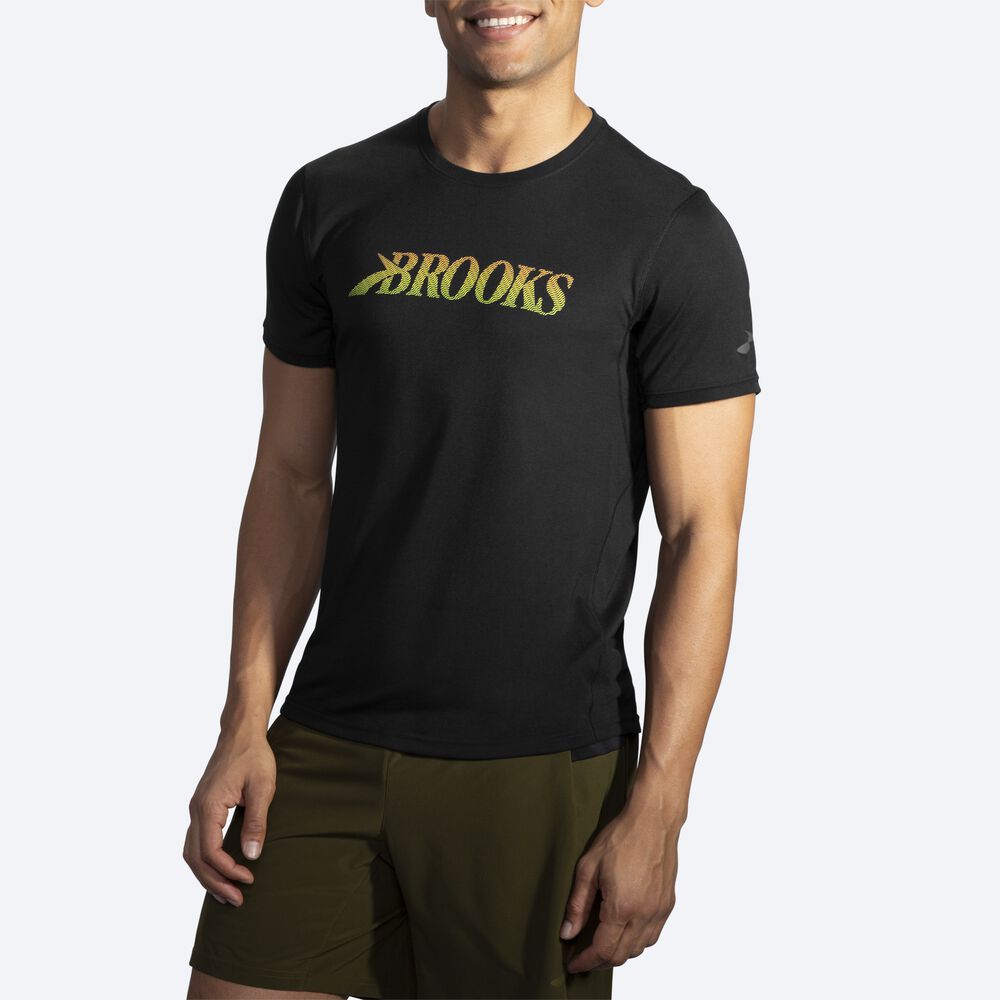 Brooks Distance Grafične Short Sleeve Moški Majice Črne | Slovenija-72605