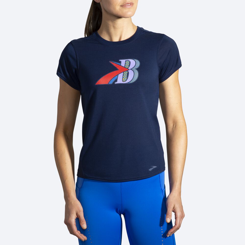 Brooks Distance Grafične Short Sleeve Ženske Majice Temno Modre | Slovenija-53901