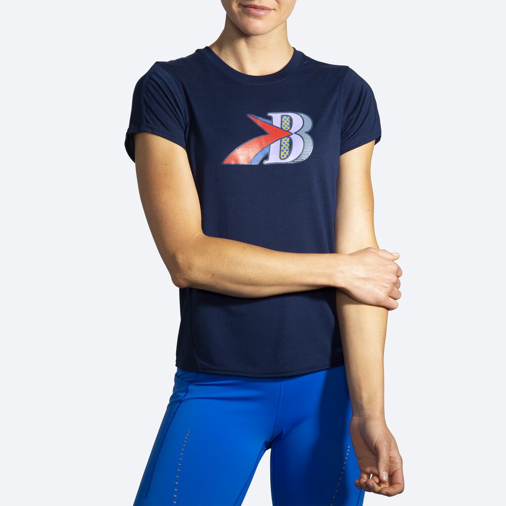 Brooks Distance Grafične Short Sleeve Ženske Majice Temno Modre | Slovenija-53901